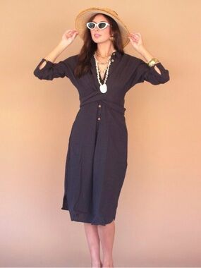 La Lou by Kalalou Linen Blend Button Front Tie Dress Dark Gray Black